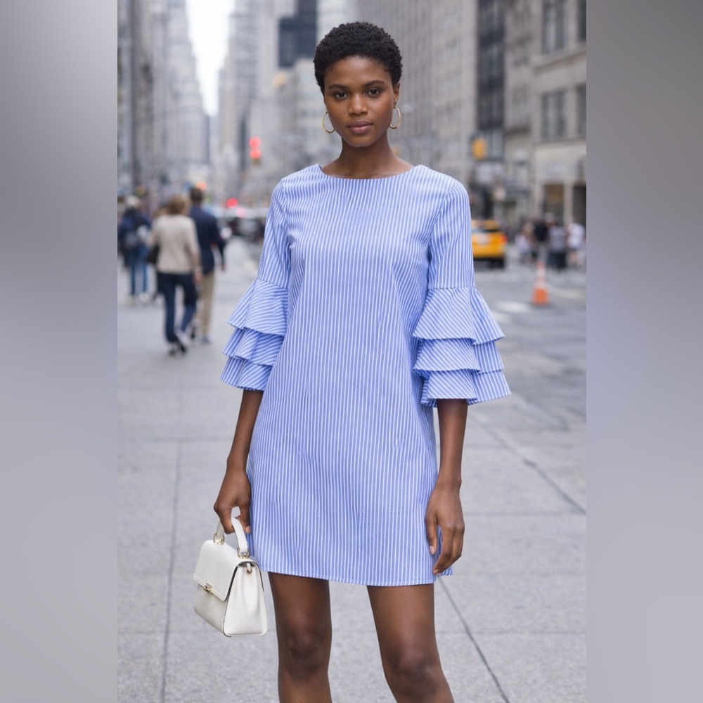 Striped Blue & White Shift Dress with Ruffle Bell Sleeves